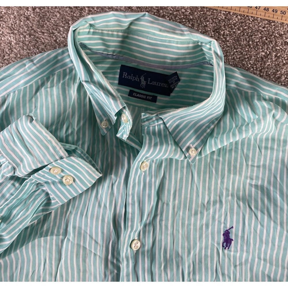 Polo Ralph Lauren Light Blue/White Striped Shirt Mens L Cotton Purple Pony Read